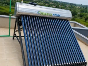 Seven Stars 150L stainless steel pressurized solar water heater installed on a rooftop in Kenya