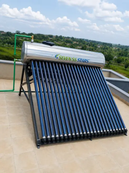 Seven Stars 150L stainless steel pressurized solar water heater installed on a rooftop in Kenya
