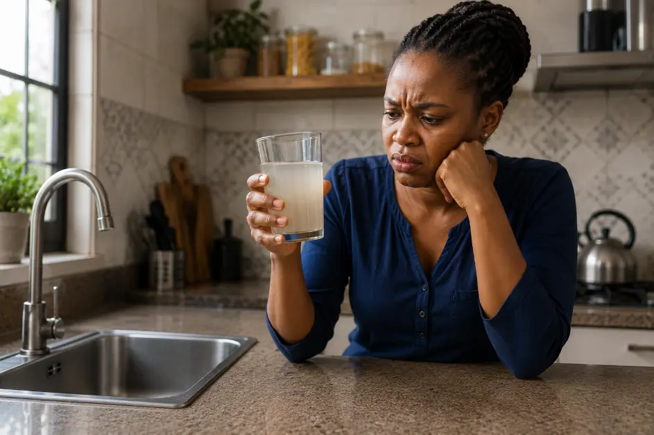 Concerned woman in a kitchen examining a glass of cloudy tap water, highlighting common water quality issues addressed by water purification systems Kenya from Pureflex solutions 