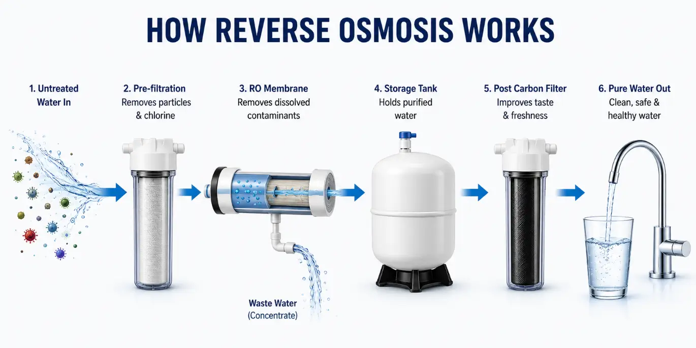 How reverse osmosis works: water passes through pre-filtration, an RO membrane, storage tank and post-carbon filter to produce purified drinking water