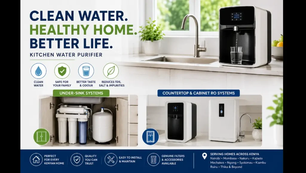 Kitchen water purifier in Kenya featuring an under-sink RO system and countertop purifier for clean drinking water in Kenyan homes.