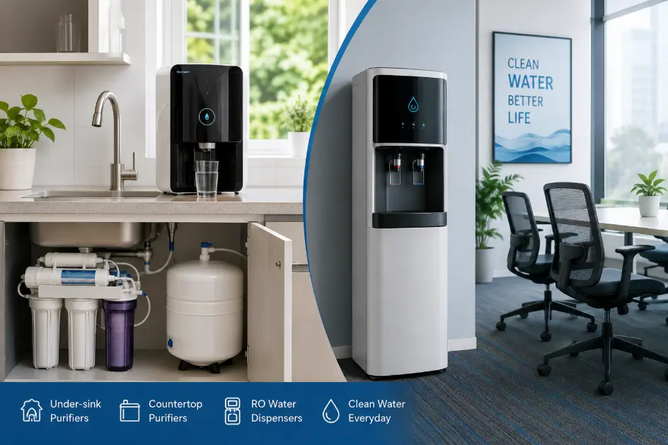 shop modern water purification solutions for Kenyan homes and offices, featuring under-sink and countertop water purifiers and RO water dispensers for clean, safe drinking water.