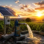 Solar water pump system powering irrigation in Kenya with solar panels and water flowing into a storage reservoir