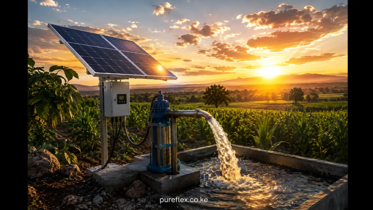 Solar water pump system powering irrigation in Kenya with solar panels and water flowing into a storage reservoir