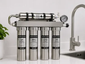 Compact stainless steel under-sink UF water filtration system designed to purify river water and municipal water in Kenya, providing clean and safe drinking water for homes and businesses.