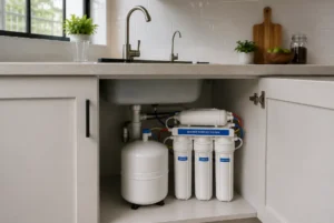 Modern under-sink reverse osmosis system installed in a kitchen cabinet, delivering clean and safe drinking water with advanced water purification systems Kenya for homes.
