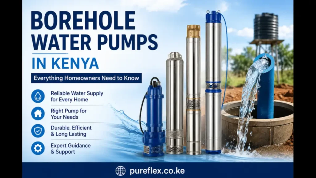 Borehole water pumps in Kenya for reliable home water supply, showing submersible pumps and a borehole system.