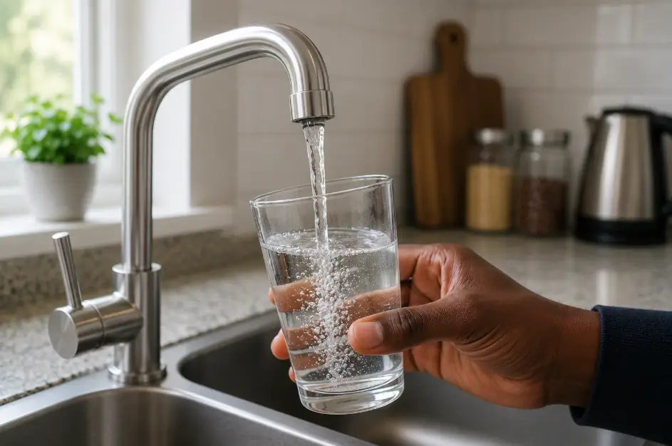 Clear drinking water flowing from a kitchen tap into a glass, illustrating the benefits of water purification systems Kenya for safe, clean household water.