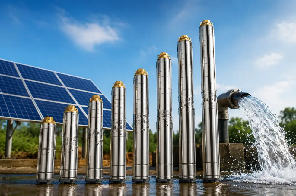 Doyin solar pump range for borehole water pumping in Kenya, showing stainless steel submersible pumps with solar panels