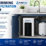 Home drinking water filtration system with a Pureflex cabinet RO unit and storage tank installed beneath a modern kitchen sink in Kenya