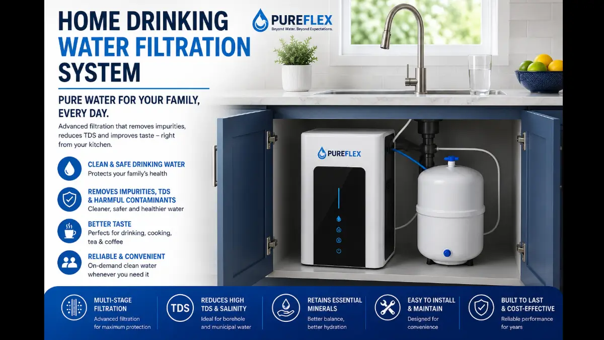 Home drinking water filtration system with a Pureflex cabinet RO unit and storage tank installed beneath a modern kitchen sink in Kenya