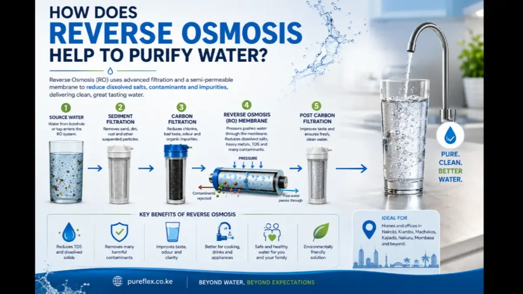 How reverse osmosis purifies water in Kenya by reducing TDS, dissolved salts and contaminants through RO filtration