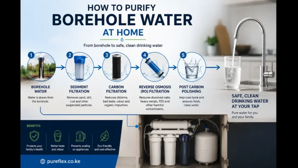 How to purify borehole water at home in Kenya using sediment, carbon and RO filtration for clean kitchen drinking water