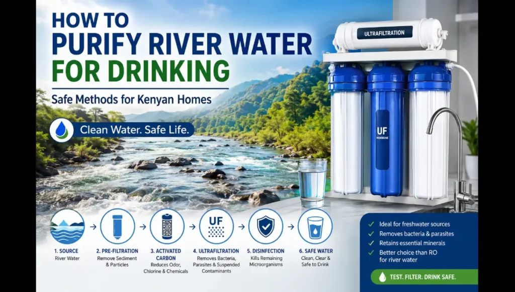 How to purify river water for drinking in Kenya using pre-filtration, activated carbon, ultrafiltration and disinfection