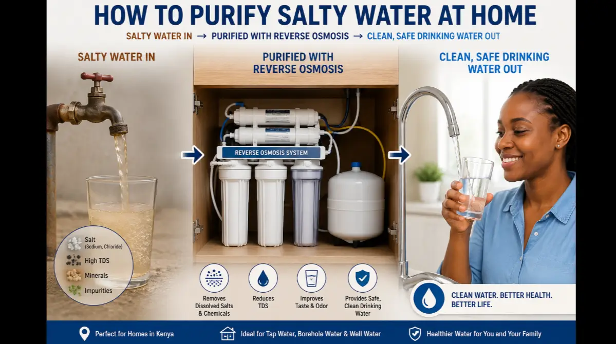Illustration of a reverse osmosis system transforming salty water into purified drinking water, with untreated water entering from the left and clean water flowing from a kitchen tap on the right.
