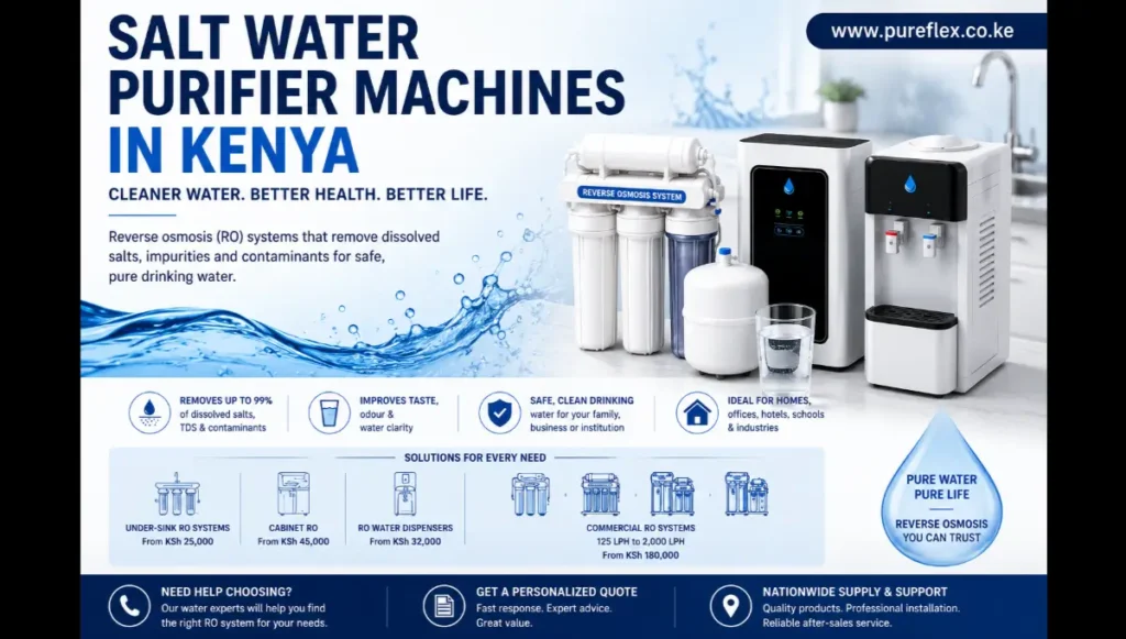 Salt water purifier machines in Kenya, featuring under-sink, cabinet and commercial reverse osmosis systems for treating salty, high-TDS and contaminated water.