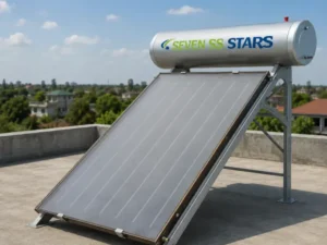 Seven SS Stars 200L flat plate solar water heater installed on a concrete rooftop in Kenya