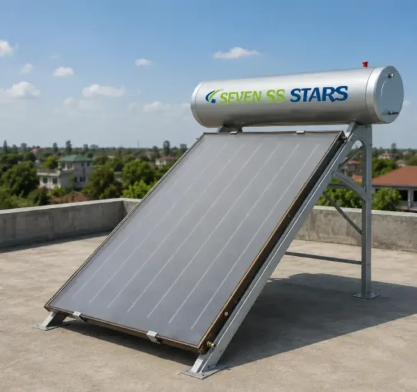 Seven SS Stars 200L flat plate solar water heater installed on a concrete rooftop in Kenya