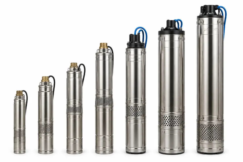 Submersible water pumps in Kenya arranged from smallest to largest for borehole, domestic and water pumping applications
