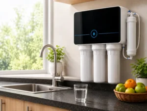 Modern home water purification system installed in a kitchen, delivering clean and safe drinking water for families using advanced water purification systems Kenya.