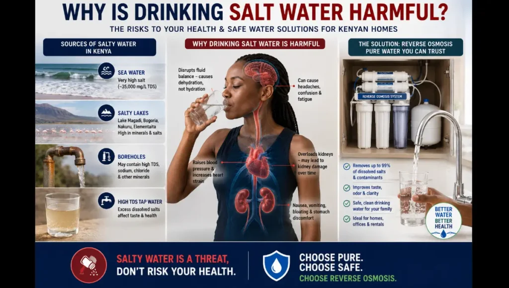 Infographic showing why drinking salt water is harmful, including salty borehole water, saline lakes and seawater in Kenya, and reverse osmosis as a household drinking-water solution.