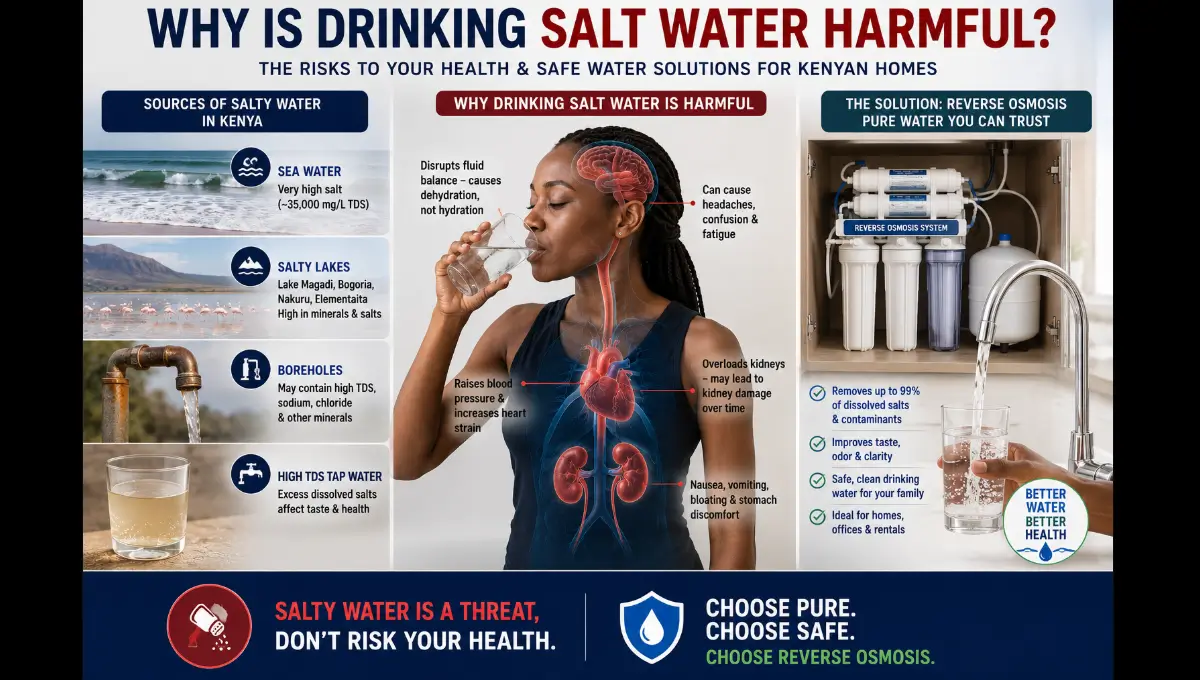 Infographic showing why drinking salt water is harmful, including salty borehole water, saline lakes and seawater in Kenya, and reverse osmosis as a household drinking-water solution.