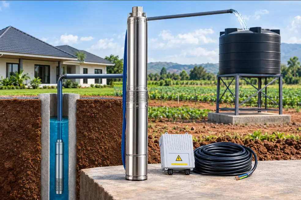 AC submersible pump for borehole water supply in Kenya with pump motor, control box and storage tank