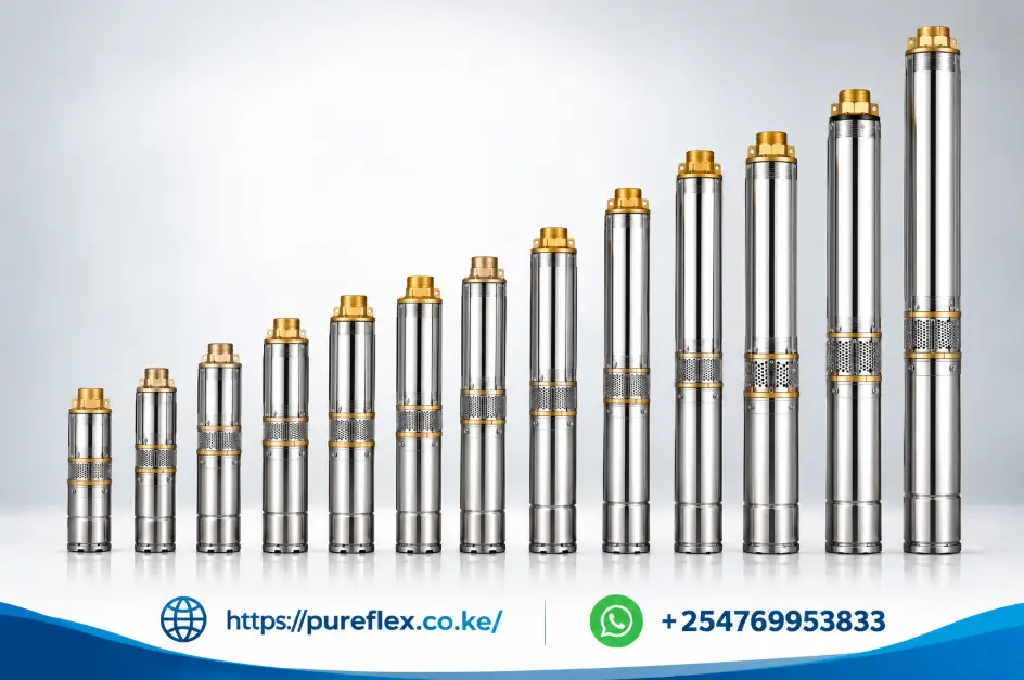 Doyin AC submersible water pumps in Kenya arranged from smallest to tallest, showcasing multiple pump sizes available from PureFlex Water Solutions.