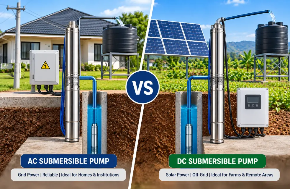 DC vs AC submersible pump comparison for borehole water supply and solar pumping in Kenya