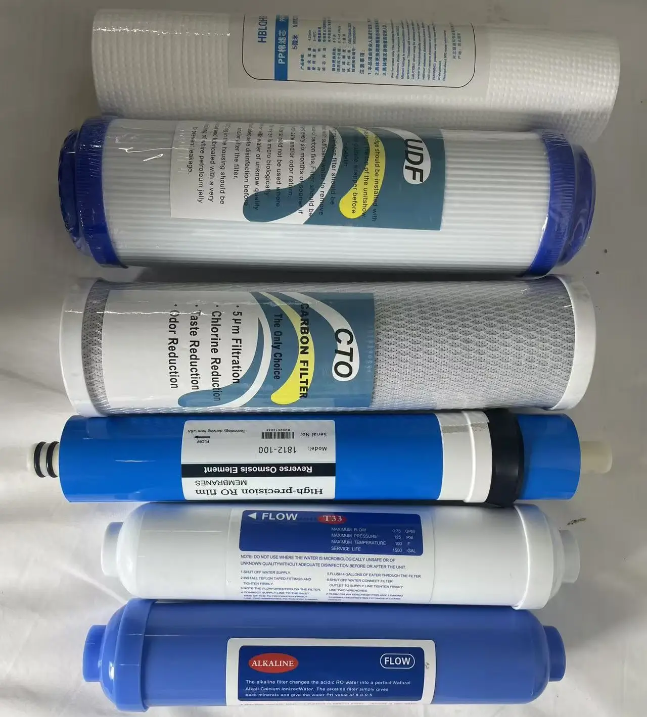 Water filter Kenya replacement set with PP sediment, UDF, CTO carbon, RO membrane, T33 and alkaline filters