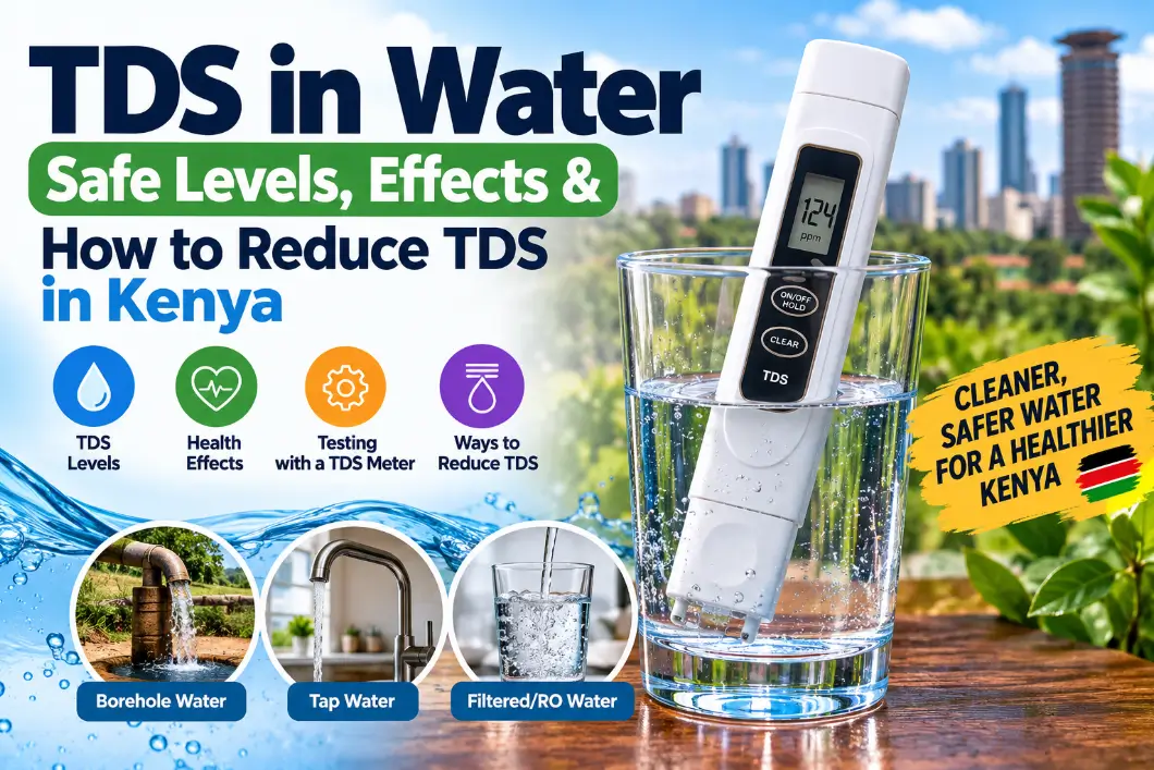 TDS in water in Kenya showing TDS levels, water testing with a digital TDS meter, health effects, and ways to reduce dissolved solids in drinking water