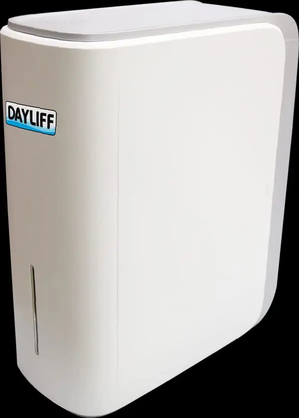 White Dayliff compact domestic water purifier with a sleek design for modern kitchens in Kenya.