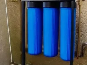 Best water filter for home in Kenya featuring three blue housings with PP sediment, GAC and CTO filter cartridges.