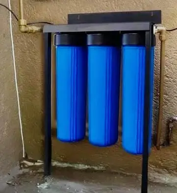 Best water filter for home in Kenya featuring three blue housings with PP sediment, GAC and CTO filter cartridges.